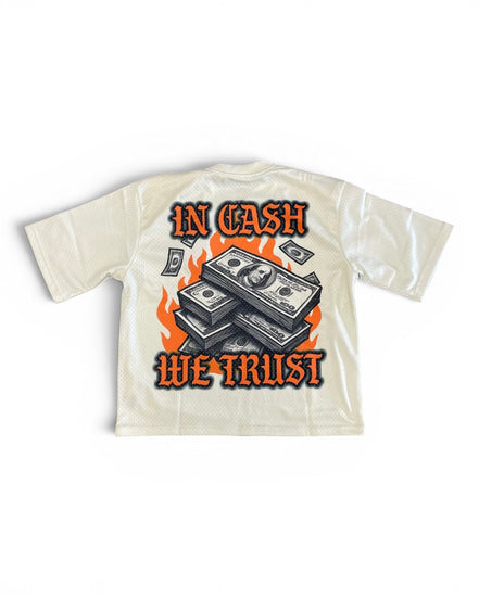 White t-shirt with money design and 'In Cash We Trust' text on a white background