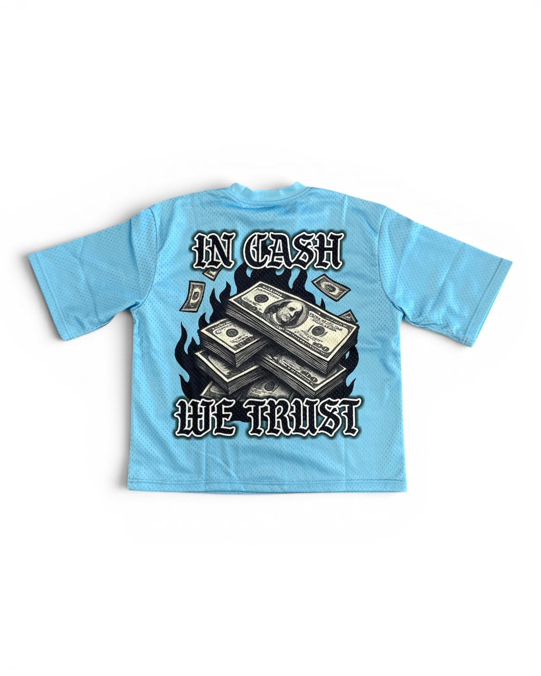Light blue t-shirt with money graphic and 'In Cash We Trust' text on a white background