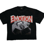 Black t-shirt with graphic design and 'EMOTION' text on a white background