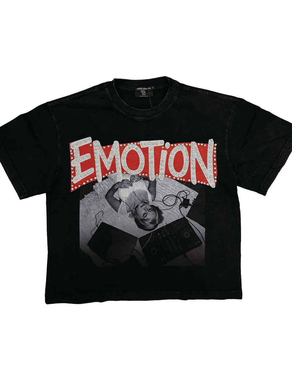 Black t-shirt with graphic design and 'EMOTION' text on a white background
