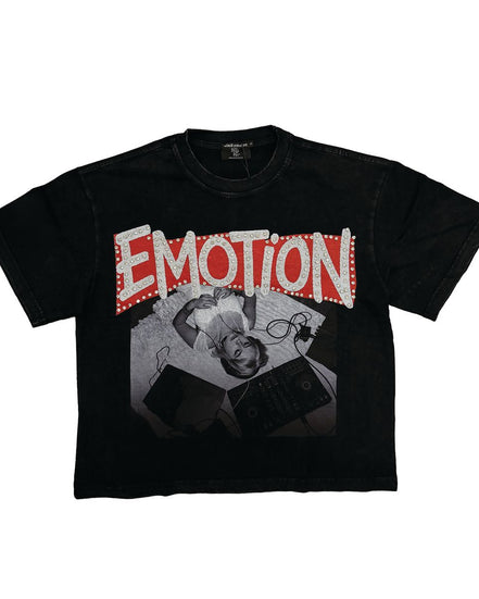 Black t-shirt with graphic design and 'EMOTION' text on a white background