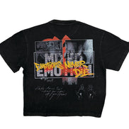 Black t-shirt with graphic design and text on a white background