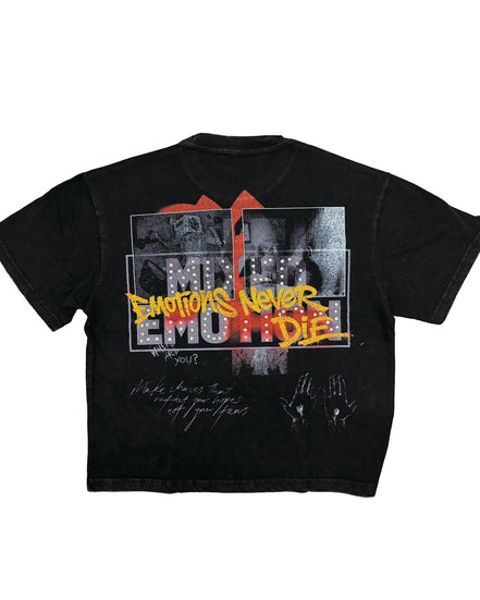Black t-shirt with graphic design and text on a white background