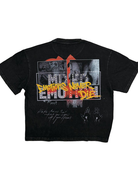 Black t-shirt with graphic design and text on a white background