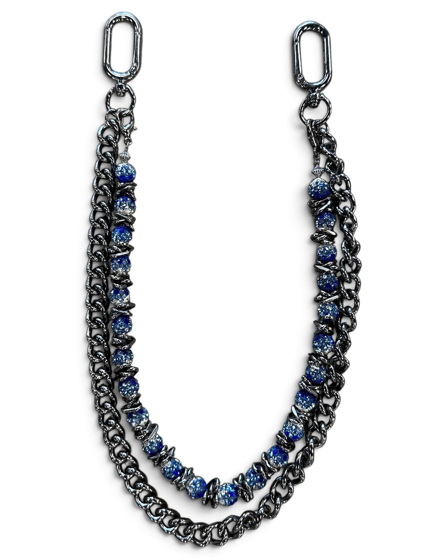 A double-strand chain bracelet featuring dark gunmetal silver-tone metal links and blue faceted beads, displayed on a clean white background.