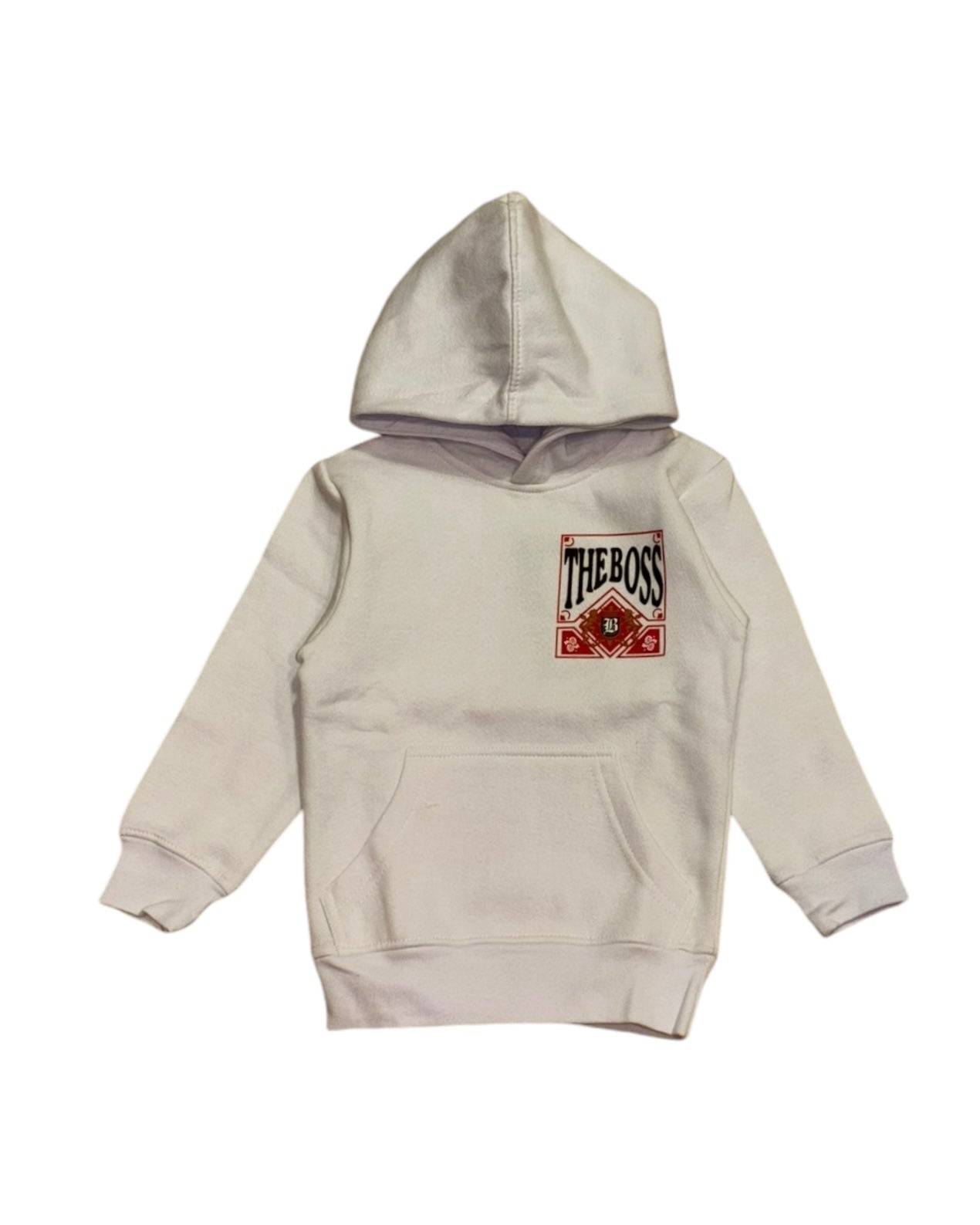 Toddler’s boss hoodie in white fleece
