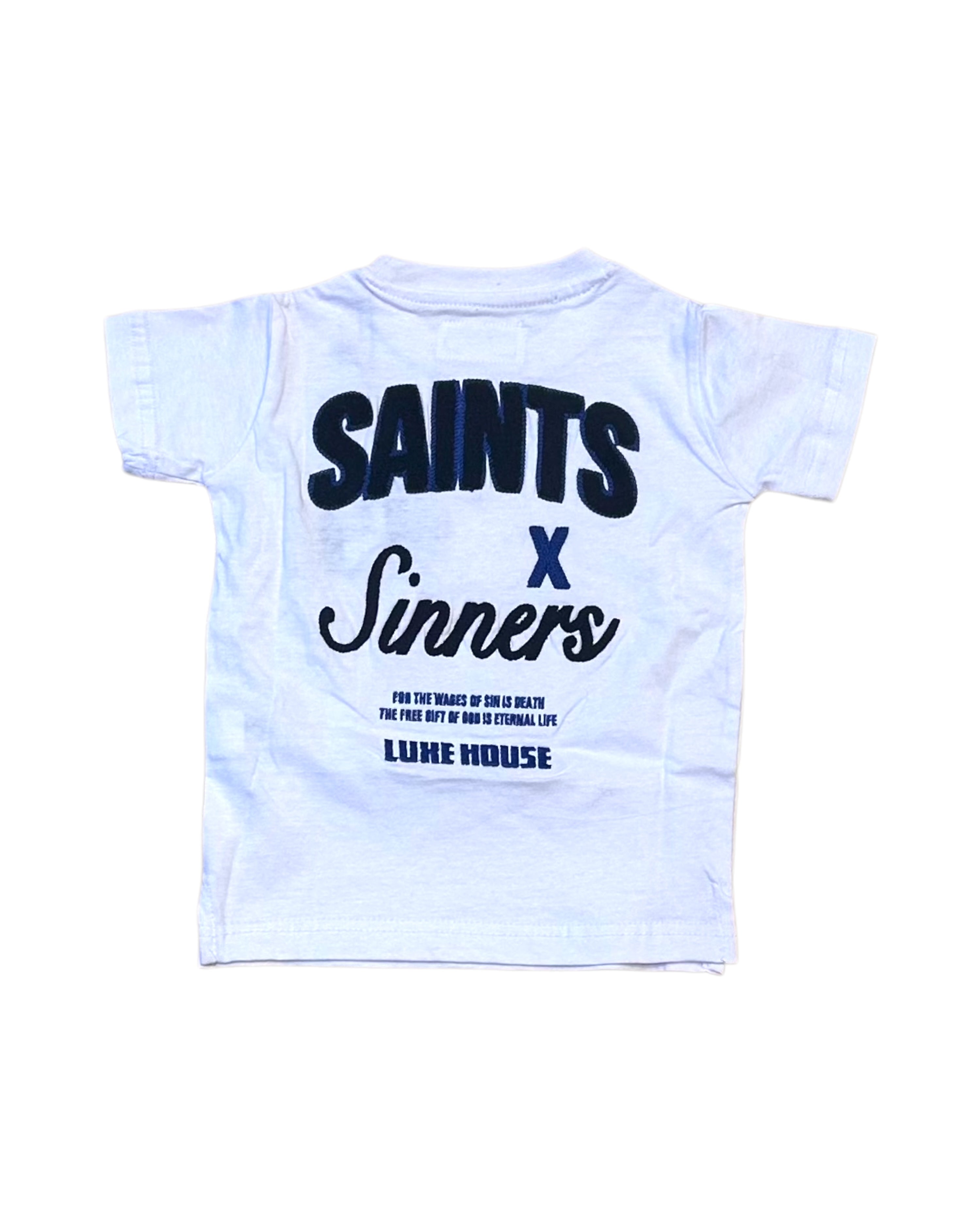 Toddler’s Luxe House Tee In white and blue 