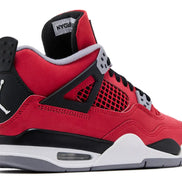 Red, black, and white sneaker with a prominent brand logo on a white background