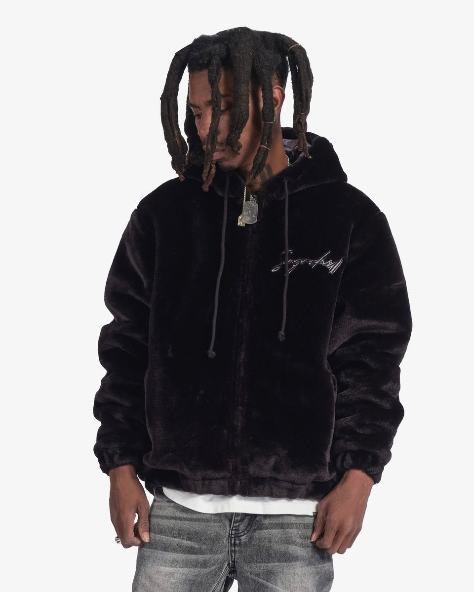 Traces Fur Zip-Up Hoodie in black color 