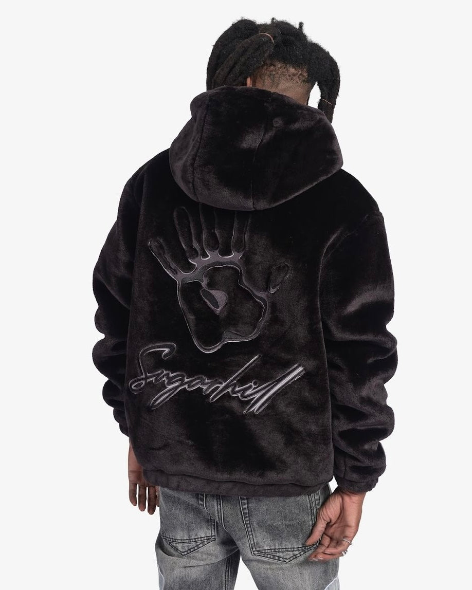 Traces Fur Zip-Up Hoodie in black color 