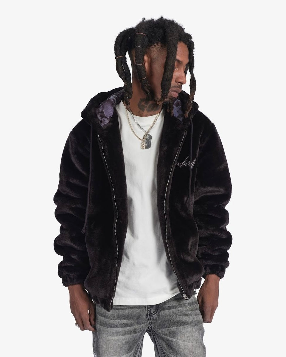 Traces Fur Zip-Up Hoodie in black color