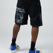 Person wearing black shorts with text and graphics on a white background
