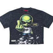 Black t-shirt with an alien graphic and text on a white background