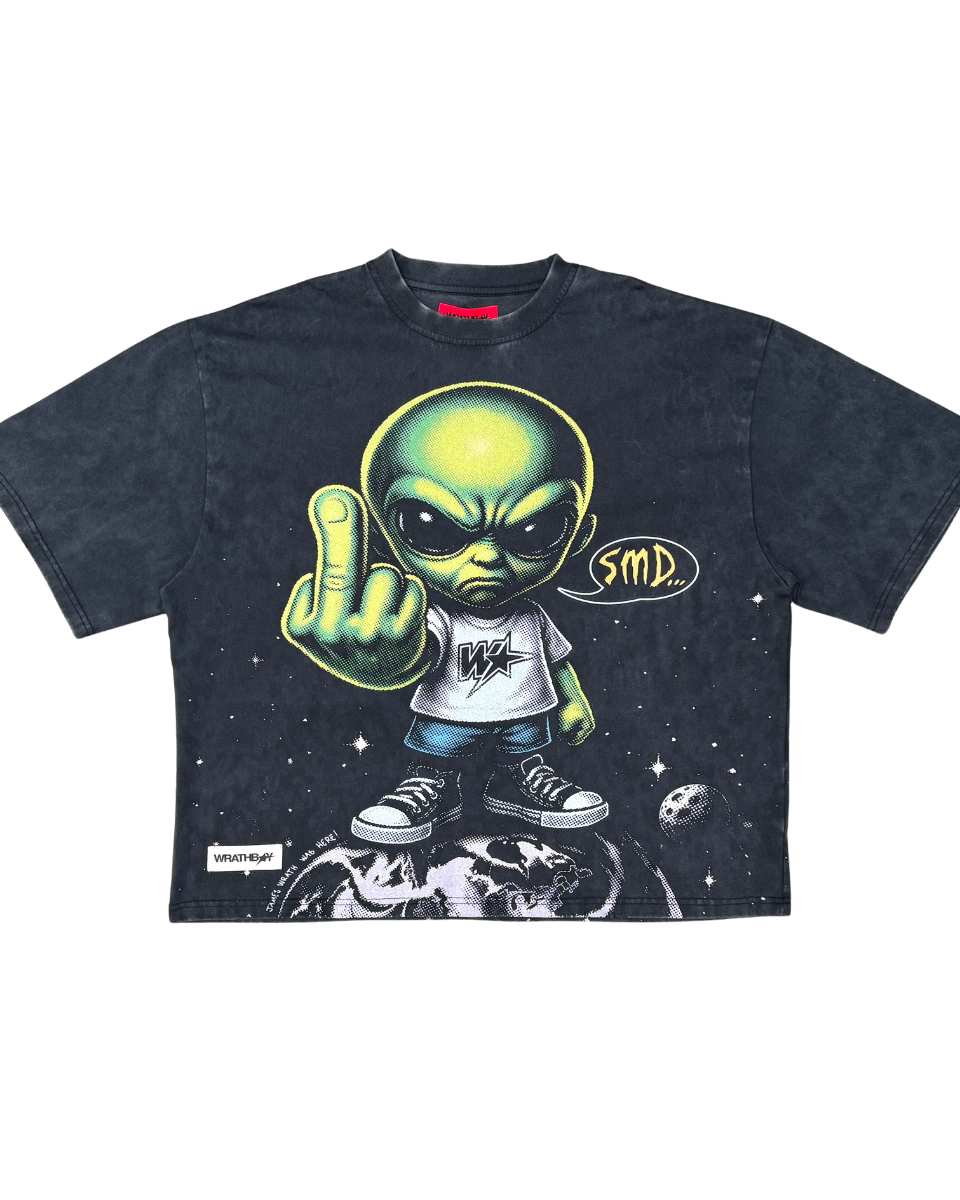 Black t-shirt with an alien graphic and text on a white background