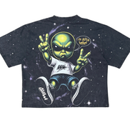 Black t-shirt with a graphic of an alien giving peace signs and a speech bubble on a white background
