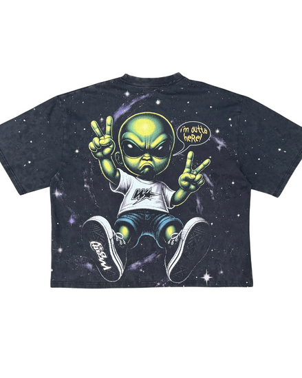 Black t-shirt with a graphic of an alien giving peace signs and a speech bubble on a white background