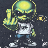 T-shirt with an alien giving a middle finger and 'SMD' text, on a dark background with space theme.
