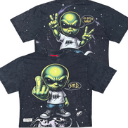 Black t-shirt with alien graphic and text on a white background