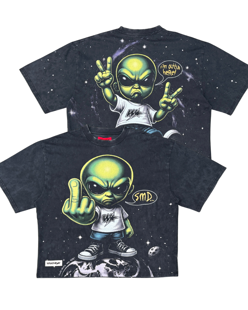 Black t-shirt with alien graphic and text on a white background