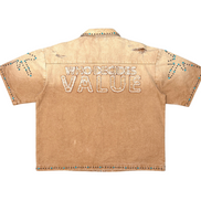 Beige shirt with 'WHO DECIDES VALUE' text on a white background