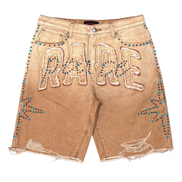 Beige denim shorts with 'RARE' embellishments on a white background
