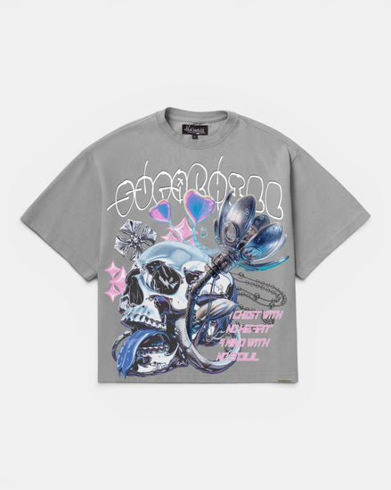 Gray t-shirt with skull graphic and text on a white background