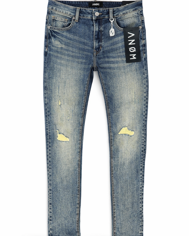 Blue jeans with a brand label on a white background