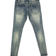 Blue jeans with a visible brand label on a white background
