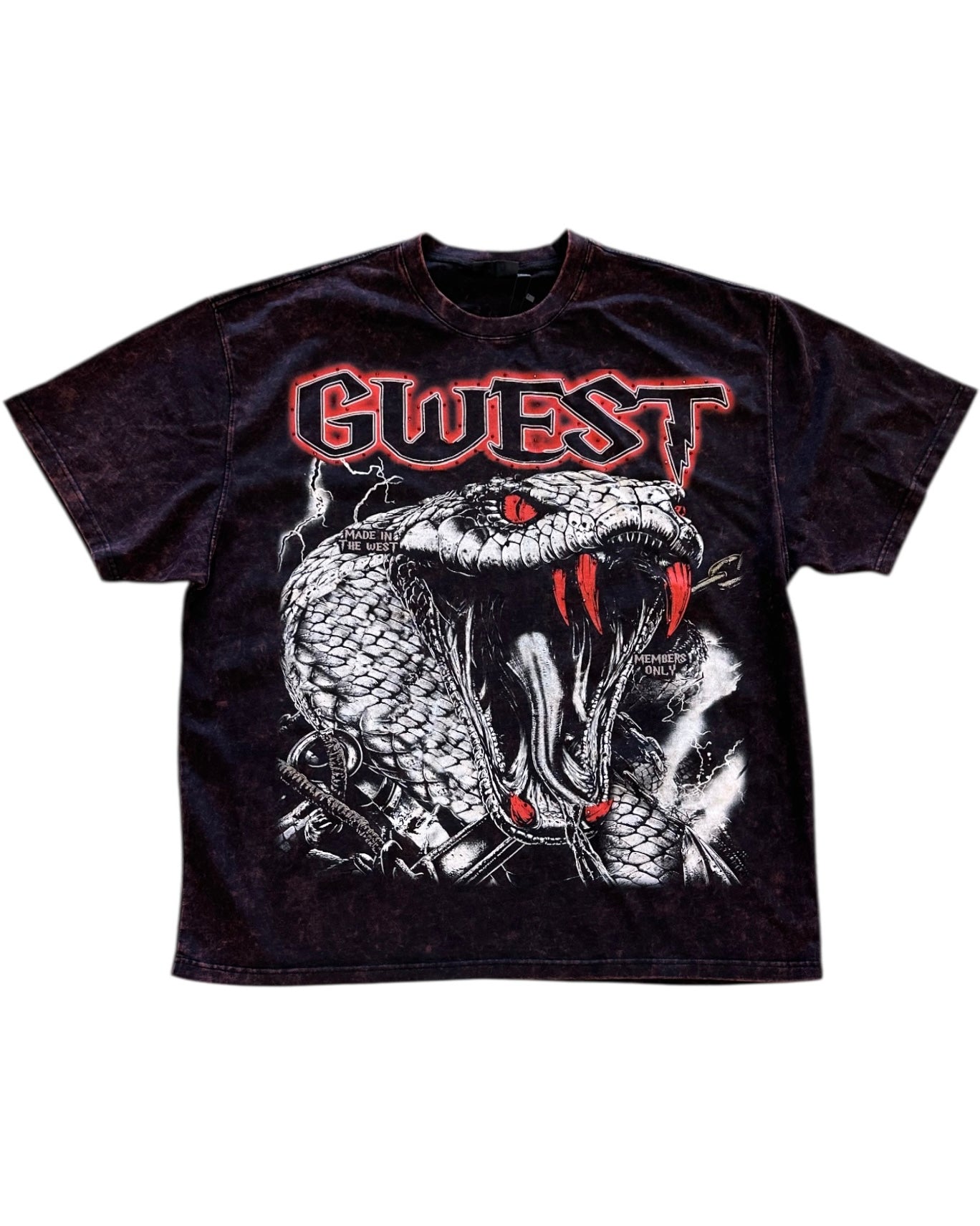 Black t-shirt with snake graphic and 'GWEST' text on a white background