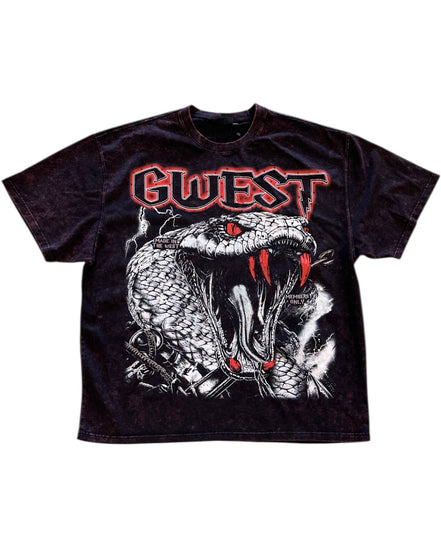 Black t-shirt with snake graphic and 'GWEST' text on a white background