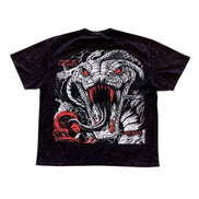 Black t-shirt with a graphic design of a snake and red text on a white background