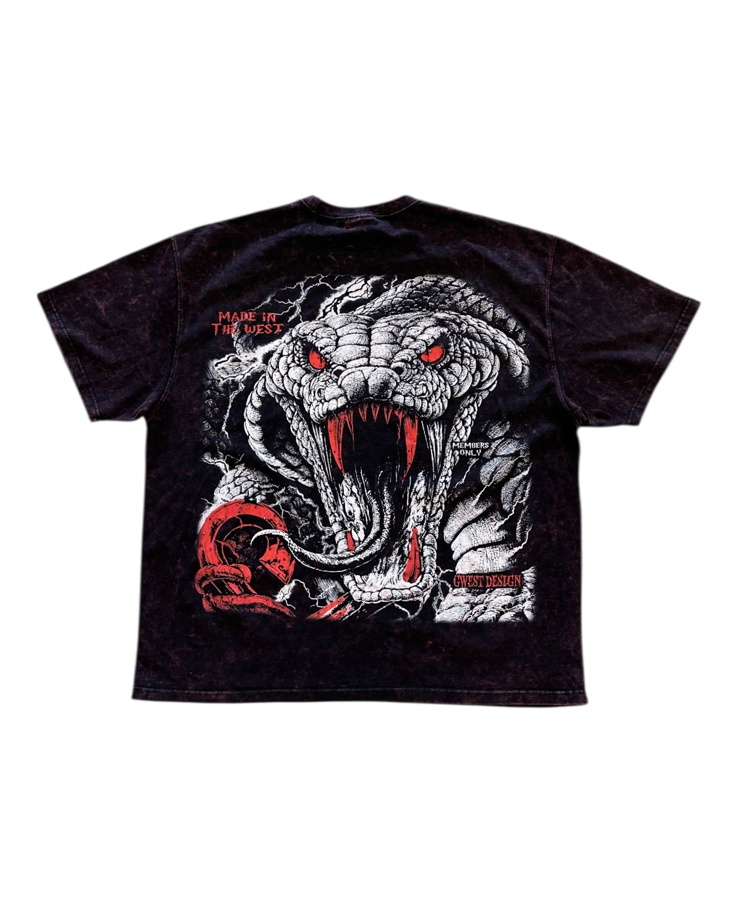 Black t-shirt with a graphic design of a snake and red text on a white background