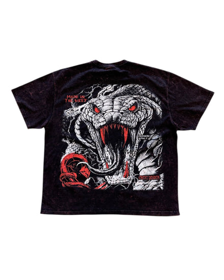 Black t-shirt with a graphic design of a snake and red text on a white background