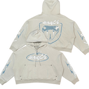 Beige hoodie with brand logo on a white background