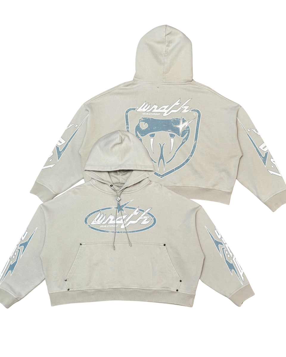 Beige hoodie with brand logo on a white background