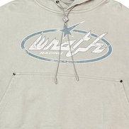 Beige hoodie with a logo on the chest against a white background