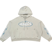 Beige hoodie with brand logo on a white background