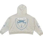 Beige hoodie with a logo and text on a white background