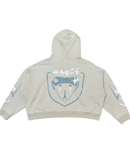 Beige hoodie with a logo and text on a white background