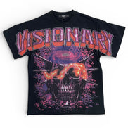 Black t-shirt with a graphic design featuring a skull and the word 'Visionary' on a white background.