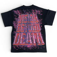 Black t-shirt with 'Vision Beyond Death' text in pink and purple on a white background