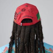 A red baseball cap with graffiti-style drawings and the word 'CALIFORNIA' on the back, shown from behind on a model with long dark dreadlocks against a light gray background.