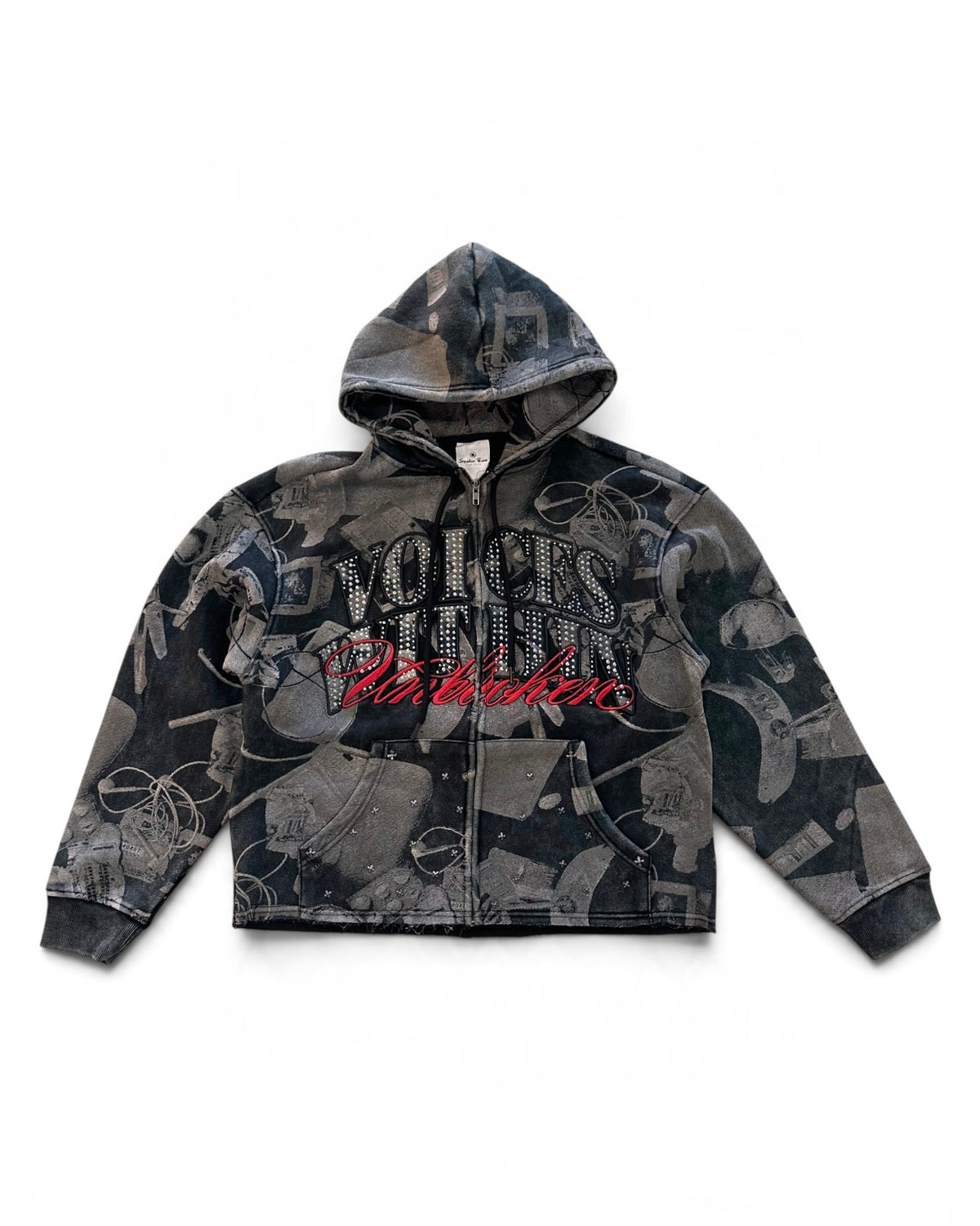 A cropped zip-up hoodie featuring a dark gray and black camouflage pattern with distressed details, a large 'Voices From The Streets' graphic on the chest, and ribbed cuffs and hem, shown flat on a white background.