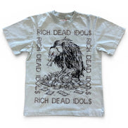 T-shirt with graphic design and text 'Rich Dead Idols' on a white background