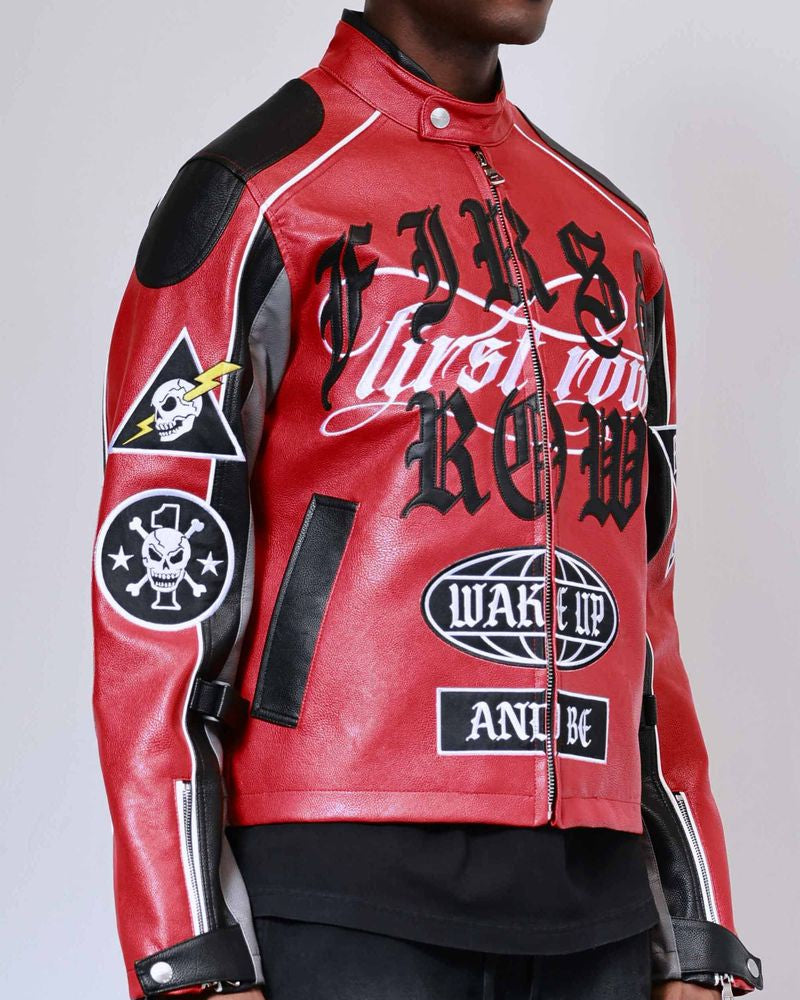 Red leather jacket with black text and logos on a plain background