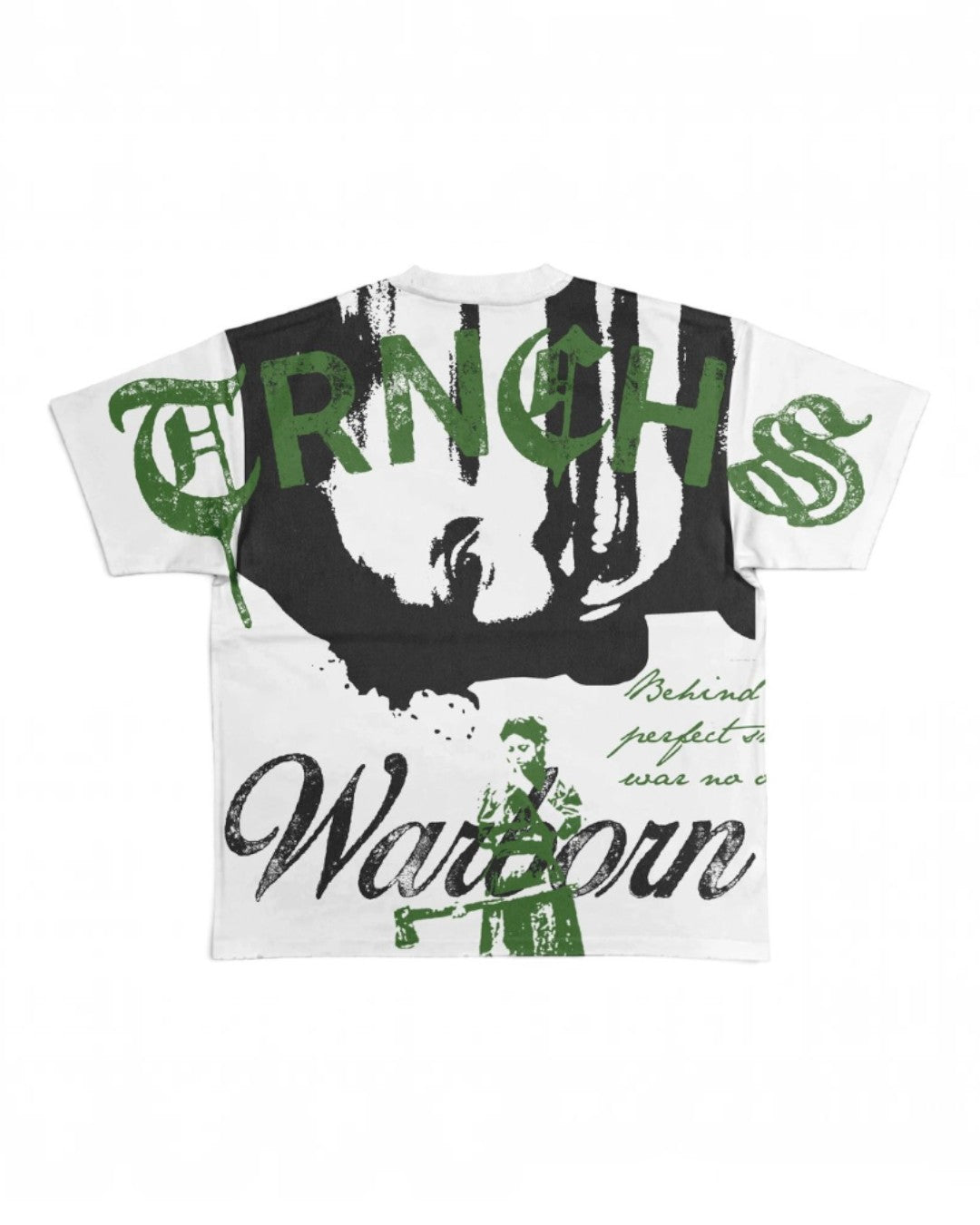 A white short-sleeve graphic T-shirt featuring a large black and green print with the text 'TRNCH'S' and 'Warborn' on a plain white background.