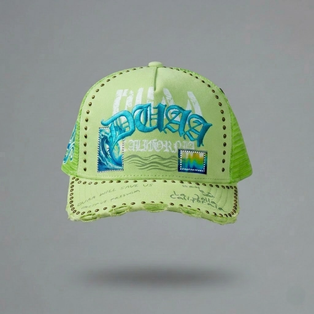 Green cap with branding on a gray background