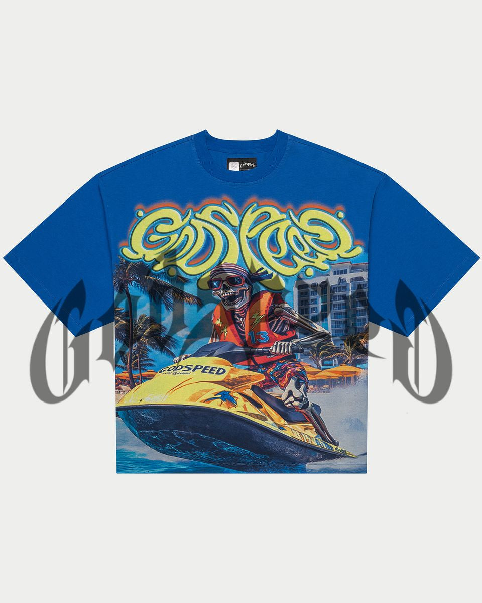 Blue t-shirt with a graphic of a person on a jet ski and text on a light gray background