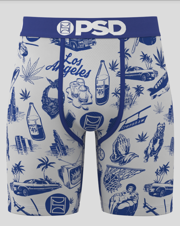 Blue and white boxer briefs with 'Los Angeles' and brand logo on a white background