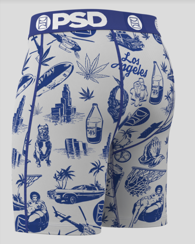 Boxer briefs with blue graphics and text on a white background